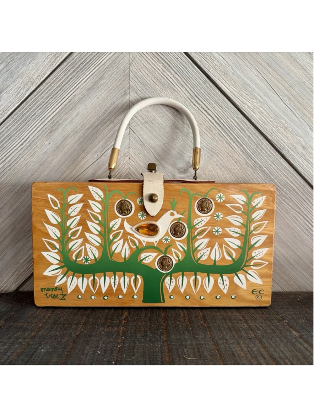 VINTAGE ENID COLLINS MONEY TREE BOX PURSE HANDBAG TREE BIRD COINS POCKET BOOK